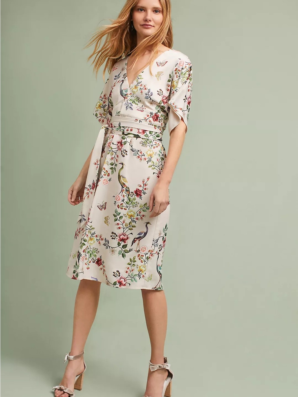 Anthropologie dRA Avian Kimono Midi Dress Size 14 Floral Bird Butterfly Belted - Picture 2 of 8